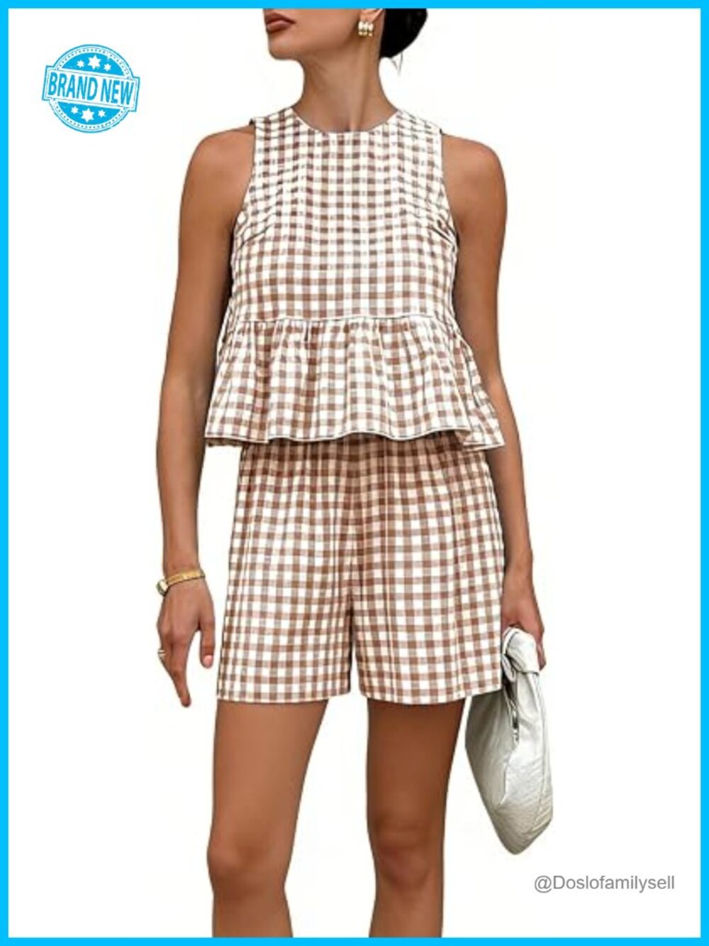 Womens 2 Piece Summer Plaid Tank Top and Shorts Lounge Set Cotton